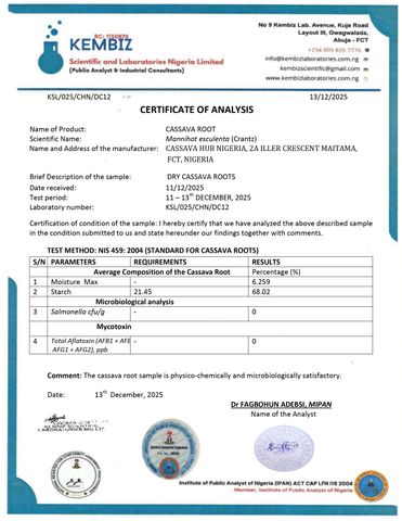 Quality Assessment Lab Test Result certificate from Cassava Hub Nigeria