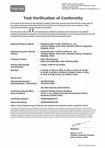 CE Certificate for solar warning light certificate from Hangzhou Safer Traffic Facilities Co., Ltd.