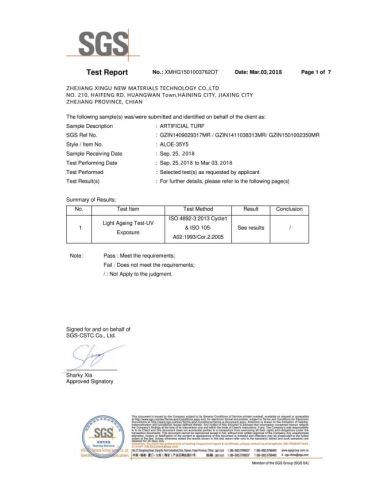 SGS test report (UV) certificate from Zhejiang Xingu New Material Technology Co., Ltd