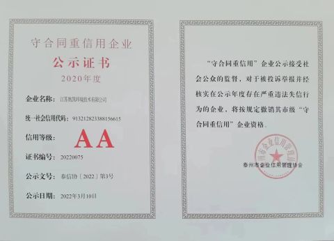 Contract Abiding and Trustworthy Business Unit certificate of Jiangsu Aokai Environmental Technology Co., Ltd. – certificate photo, supplier certificates section