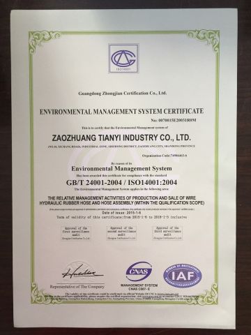 Environmental Management System Certificate certificate from Zaozhuang Tianyi Industry Co., Ltd.