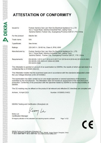 CE Certificate of Electric Fan certificate from Foshan Jcf Electrical Appliance Co., Ltd.