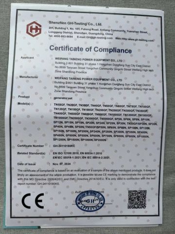 CE certificate from Weifang Taineng Power Equipment Co., Ltd