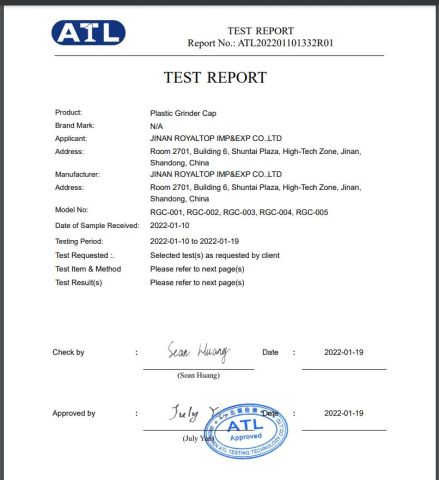 Grinder cap certificate from JINAN ROYALTOP IMP&EXP CO., LTD.
