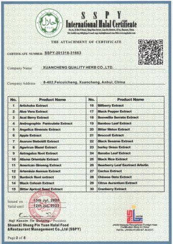 Halal Certificate 2 certificate from Xuancheng Quality Herb Co., Ltd.