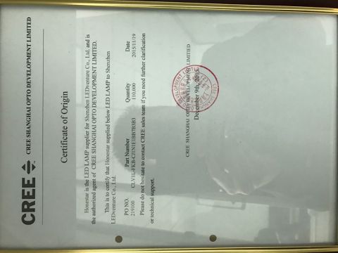 ORGINAL OF CREE certificate from Shenzhen LEDventure Co., Ltd.