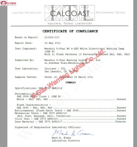 SAE certificate from Wenzhou 5-Star Warning Lights Co., Ltd.