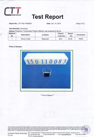 Silver content detection certificate from YLY JEWELLERY CO., LTD.