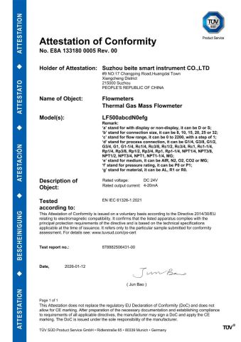 LF500 CE certificate from Suzhou Beite Smart Instrument Co., Ltd