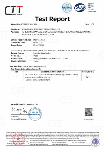 Breast milk collector EN14350 certificate from Guangdong RoRo Baby Products Co., Ltd.