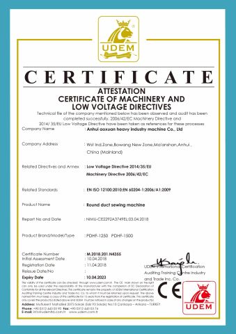 Round duct sewing machine CE certificate from Anhui Aoxuan Heavy Industry Machine Co., Ltd.