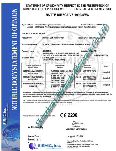 In 2010 the latest certificate about the RTTE NB Opinion _SC10073001-SCE-001_ Original certificate from Shenzhen Chitongda Electronic Co., Ltd.