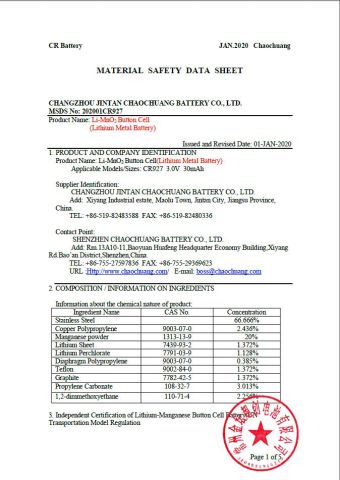 MSDS(CR927) certificate from Plenty Harvest Manufacturing Limited
