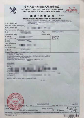 FUMIGATION DISINFECTION CERTIFICATE certificate from Yunnan Blue Bell Flower Co., Ltd.