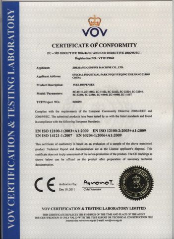 CE certificate from Zhejiang Genuine Machine Co., Ltd.