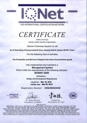 ISO9001:2000(English) certificate from Xiamen Crownway Apparel Co., Ltd.