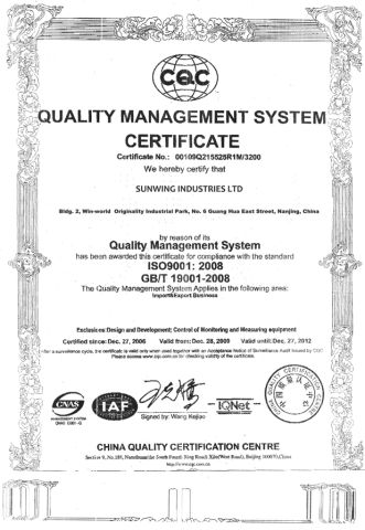 ISO 9001:2008 certificate from Sunwing Industries Ltd.