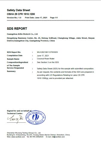 Rose Water Spray MSDS certificate from Guangzhou Aixin Cosmetic Co., Ltd.