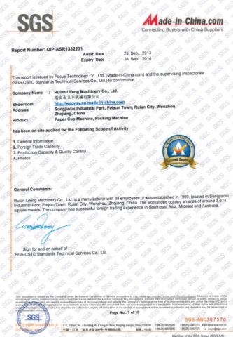 SGS certificate from Wenzhou Toppro Machinery Co., Ltd.
