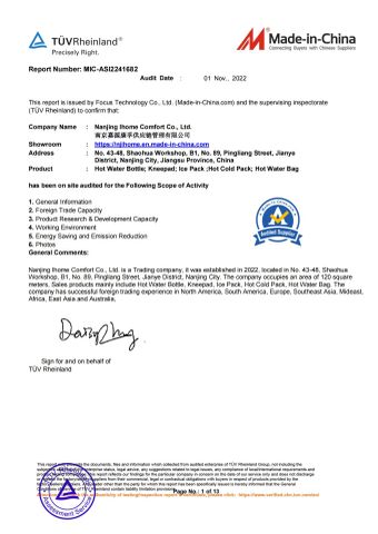 supplier assessment report certificate from Nanjing Ihome Comfort Co., Ltd.