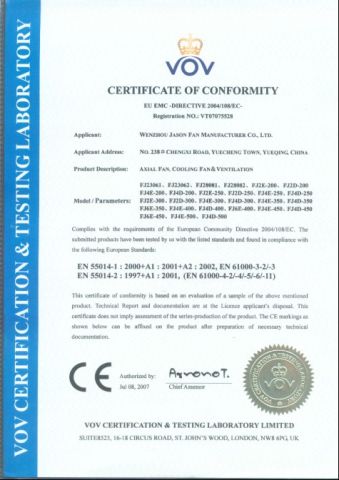 CE Certificate certificate of Wenzhou Jason Fan Manufacturer Co., Ltd. – certificate photo, supplier certificates section