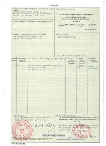Certificate of Origin (Form A) to Reunion Island certificate of Zhongshan Kwangna Import & Export Co., Ltd. – certificate photo, supplier certificates section