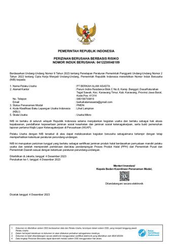 Business Identification Number certificate of PT. Berkah Alam Asasta – certificate photo, supplier certificates section