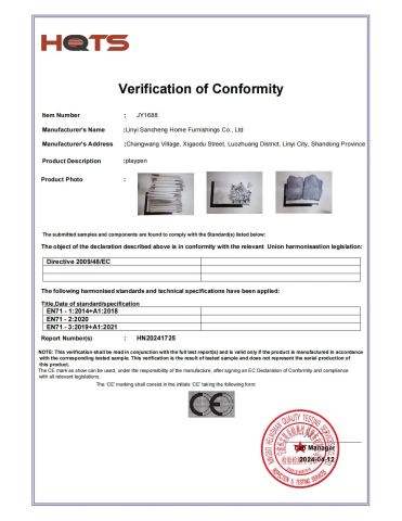 Verification of Conformity Playpen certificate from Linyi Suzaku International Trade Co., Ltd.
