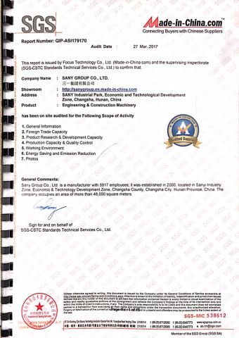 SGS certificate from SANY GROUP CO., LTD.