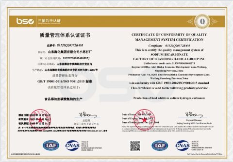 ISO9001-SODIUM BICARBONATE certificate of FONDLAND CHEMICALS CO., LTD. – certificate photo, supplier certificates section