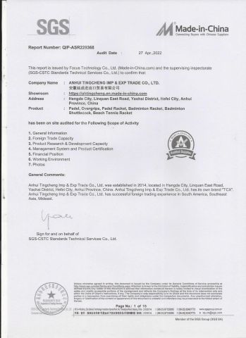 SGS certificate from ANHUI TINGCHENG IMP & EXP TRADE CO., LTD.
