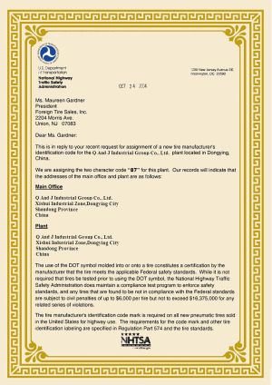 DOT certificate of Qingdao QJ Industrial Inc. – certificate photo, supplier certificates section