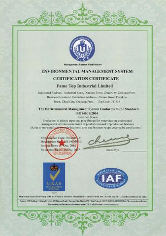 ISO14001:2004 For Plastic Pipe And Fitting certificate from FAME TOP INDUSTRIAL LIMITED