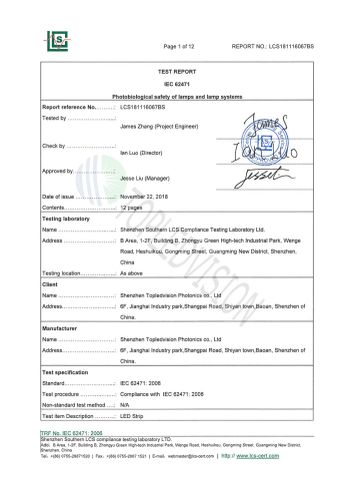 EN62471 Biological Safety2835 5mm strip certificate of Shenzhen Topledvision Lighting Co., Ltd. – certificate photo, supplier certificates section