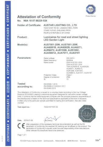 CE certificate from Yuyao Austar Lighting Co., Ltd.
