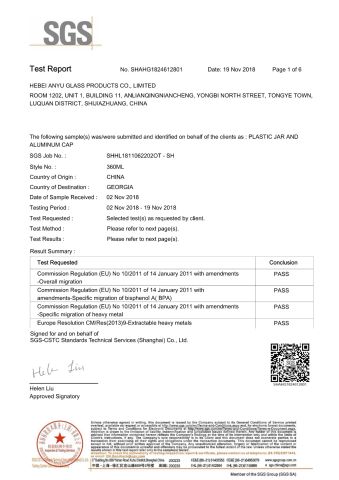FOOD Grade Certificate certificate from Hebei Anyu Glass Products Co., Limited