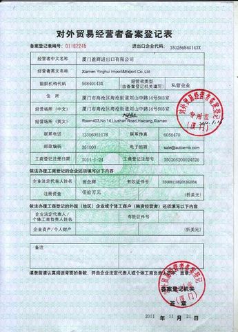 License Photo certificate from Xiamen YingHui Import&Export Co., Ltd.