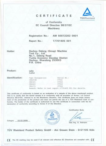 CD6250B CD6163 CD6163 CD6171 CE CERTIFICATE-MACHINERY DIRECTIVE certificate from DEZHOU PRECION MACHINE TOOL CO., LTD.
