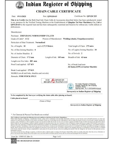 IRS certificate for anchor chain certificate from Zhenjiang Normanship Co., Ltd.