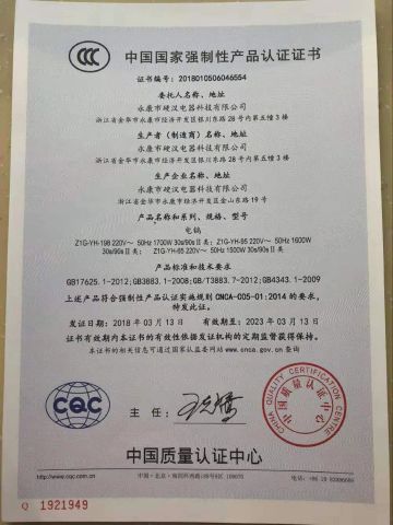 ccc certificate of china certificate from Yongkang Inghan Electric Technology Co., Ltd.