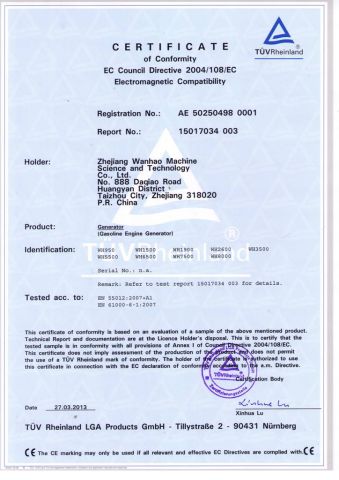 CE certificate of gasoline generator certificate of Taizhou Artex Machinery Co., Ltd. – certificate photo, supplier certificates section