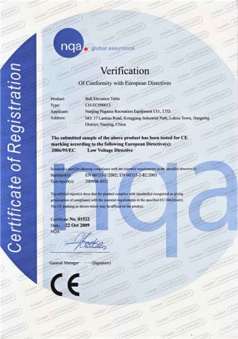 CE Certificate of Ball Elevation table certificate from Nanjing Pegasus Recreation Equipment Co., Ltd.