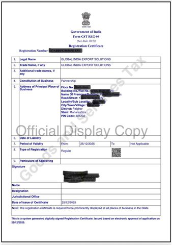 GST CERTIFICATE certificate from GLOBAL INDIA EXPORT SOLUTIONS