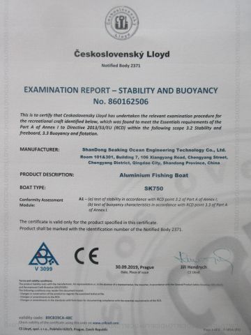 CE certificate of Aluminum boat certificate from Qingdao Allsea Boats Co., Ltd.