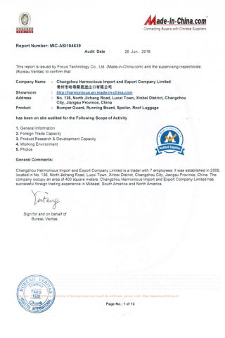 BUREAU VERITAS certificate from Changzhou Harmonious Import and Export Company Limited