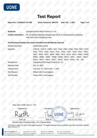 Pacifier BPA certificate from Guangdong RoRo Baby Products Co., Ltd.