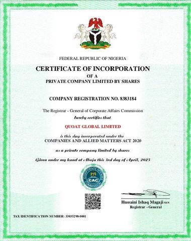 Cooperate Affairs Commission  certificate of QUOAT GLOBAL LIMITED  – certificate photo, supplier certificates section