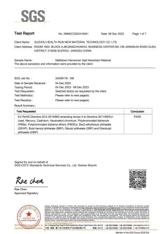 SGS certificate from Suzhou Health Run New Material Technology Co., Ltd.