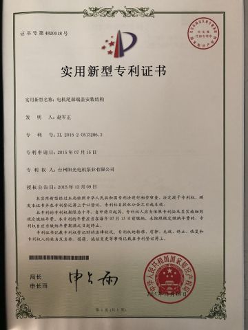 Patent certificate certificate from Taizhou Sunlight Electric Machinery & Pump Industry Co., Ltd
