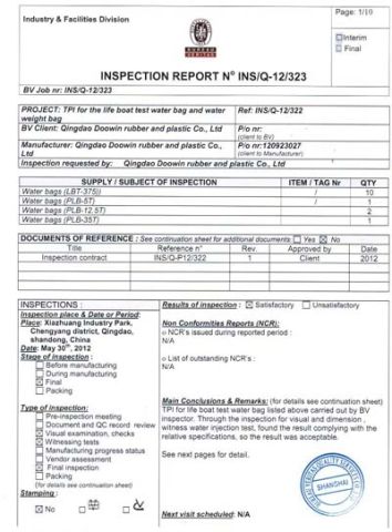 BV Certificate for Water Weight Bags certificate from Qingdao Doowin Rubber And Plastic Co., Ltd.